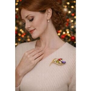 Vintage 1960s Gold-Tone Multicolor Rhinestone Floral Brooch, 2.5x1.25”